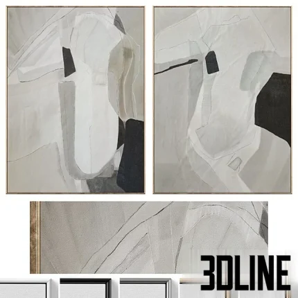 3D model set of two large vertical abstract paintings (diptych) featuring organic shapes and brushstrokes in a soothing neutral palette of beige, grey, white, and black, framed in thin gold/wood frames.