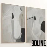 3D model set of two large vertical abstract paintings (diptych) featuring organic shapes and brushstrokes in a soothing neutral palette of beige, grey, white, and black, framed in thin gold/wood frames.