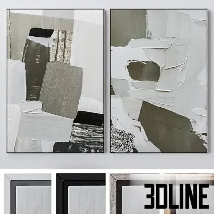 3D model set of two large abstract wall paintings (diptych) featuring heavy textured impasto brushstrokes in sage green, grey, and white, available with multiple frame color options.