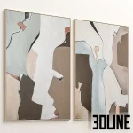 A set of three large, abstract wall art pieces (a diptych and a horizontal panel) featuring organic, overlapping shapes in a soothing neutral palette of white, beige, light sage green, and dark brown, framed in gold-toned metallic accents.