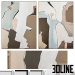 A set of three large, abstract wall art pieces (a diptych and a horizontal panel) featuring organic, overlapping shapes in a soothing neutral palette of white, beige, light sage green, and dark brown, framed in gold-toned metallic accents.