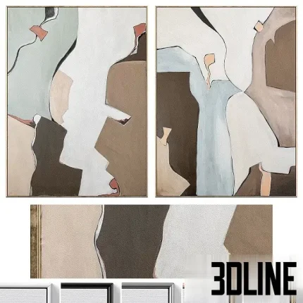 A set of three large, abstract wall art pieces (a diptych and a horizontal panel) featuring organic, overlapping shapes in a soothing neutral palette of white, beige, light sage green, and dark brown, framed in gold-toned metallic accents.