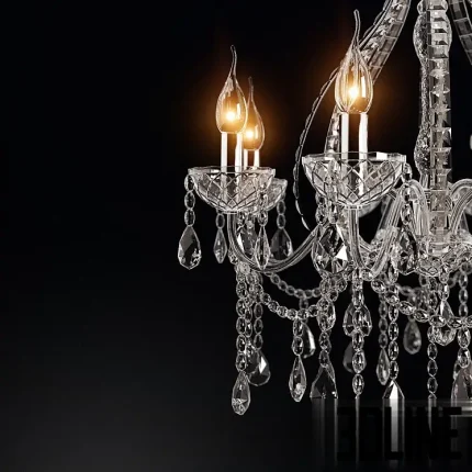 3D model of a classic Laudarte crystal chandelier, featuring a central glass column, curved glass arms holding candle-style bulbs, and hanging crystal teardrop pendants.