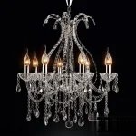 3D model of a classic Laudarte crystal chandelier, featuring a central glass column, curved glass arms holding candle-style bulbs, and hanging crystal teardrop pendants.