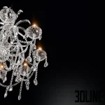3D model of a classic Laudarte crystal chandelier, featuring a central glass column, curved glass arms holding candle-style bulbs, and hanging crystal teardrop pendants.