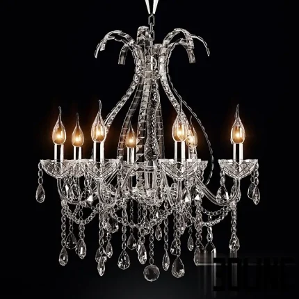 3D model of a classic Laudarte crystal chandelier, featuring a central glass column, curved glass arms holding candle-style bulbs, and hanging crystal teardrop pendants.