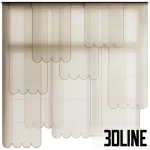 3D model of a layered panel curtain system featuring sheer fabric panels with distinctive scalloped (wavy) bottom edges, creating a soft, rhythmic window treatment.