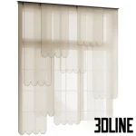 3D model of a layered panel curtain system featuring sheer fabric panels with distinctive scalloped (wavy) bottom edges, creating a soft, rhythmic window treatment.