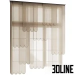 3D model of a layered panel curtain system featuring sheer fabric panels with distinctive scalloped (wavy) bottom edges, creating a soft, rhythmic window treatment.