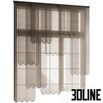 3D model of a layered panel curtain system featuring sheer fabric panels with distinctive scalloped (wavy) bottom edges, creating a soft, rhythmic window treatment.