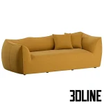 Detailed 3D model of the voluminous Le Bambole three-seater sofa, featuring a soft, rounded silhouette upholstered in a textured mustard yellow fabric with two throw cushions.