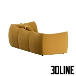 Detailed 3D model of the voluminous Le Bambole three-seater sofa, featuring a soft, rounded silhouette upholstered in a textured mustard yellow fabric with two throw cushions.