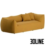 Detailed 3D model of the voluminous Le Bambole three-seater sofa, featuring a soft, rounded silhouette upholstered in a textured mustard yellow fabric with two throw cushions.