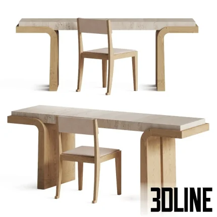 3D model set of the Le Cann Thalie Desk featuring a thick travertine stone top and curved wooden legs, paired with a matching minimalist Poly wooden chair with a fabric seat pad.