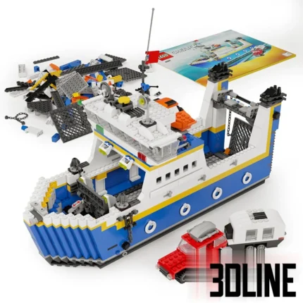 3D model of the LEGO Creator set 4997 (Transport Ferry) featuring a detailed blue and white ship, a red car with a caravan, and a pile of loose bricks and instructions.