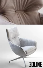 Detailed 3D model of the Leolux LX694 armchair, a high-back lounge chair upholstered in soft brown leather with gathered detail, set on a four-star swivel base.