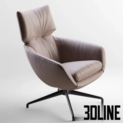 Detailed 3D model of the Leolux LX694 armchair, a high-back lounge chair upholstered in soft brown leather with gathered detail, set on a four-star swivel base.