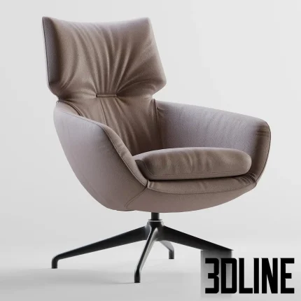 Detailed 3D model of the Leolux LX694 armchair, a high-back lounge chair upholstered in soft brown leather with gathered detail, set on a four-star swivel base.