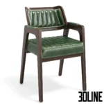 3D model of the Leta Notre chair featuring a dark aged wood frame, a green ribbed leather seat, and a natural woven rattan cane backrest.