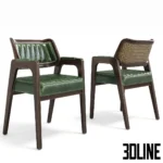 3D model of the Leta Notre chair featuring a dark aged wood frame, a green ribbed leather seat, and a natural woven rattan cane backrest.