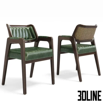 3D model of the Leta Notre chair featuring a dark aged wood frame, a green ribbed leather seat, and a natural woven rattan cane backrest.