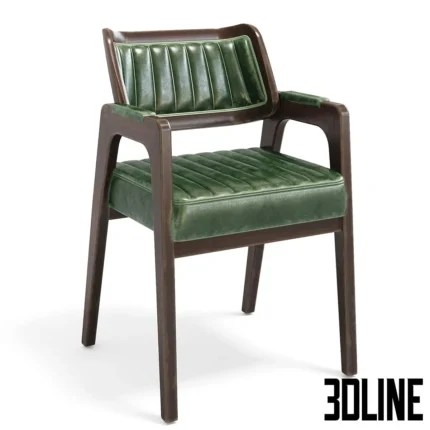 3D model of the Leta Notre chair featuring a dark aged wood frame, a green ribbed leather seat, and a natural woven rattan cane backrest.