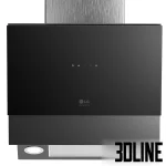 Photorealistic 3D model of a black LG kitchen appliance set, including a four-door InstaView door-in-door refrigerator, a gas cooktop, a built-in oven, and a sleek cooker hood.