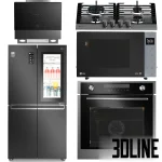 Photorealistic 3D model of a black LG kitchen appliance set, including a four-door InstaView door-in-door refrigerator, a gas cooktop, a built-in oven, and a sleek cooker hood.