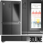 Photorealistic 3D model of a black LG kitchen appliance set, including a four-door InstaView door-in-door refrigerator, a gas cooktop, a built-in oven, and a sleek cooker hood.