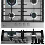 Photorealistic 3D model of a black LG kitchen appliance set, including a four-door InstaView door-in-door refrigerator, a gas cooktop, a built-in oven, and a sleek cooker hood.
