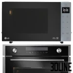 Photorealistic 3D model of a black LG kitchen appliance set, including a four-door InstaView door-in-door refrigerator, a gas cooktop, a built-in oven, and a sleek cooker hood.
