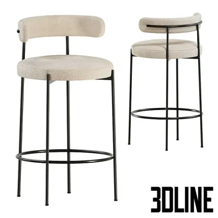 High-quality 3D model of the Liberda bar stool, featuring a cream-colored boucle fabric seat and curved backrest, supported by a slender black metal frame.