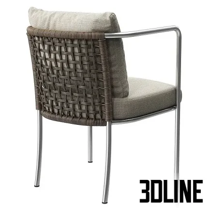 Detailed 3D model set of the Living Divani Mini Cafe chairs and Jelly table, featuring metal-frame chairs with rattan woven backs, fabric cushions, and a round marble-top bistro table.