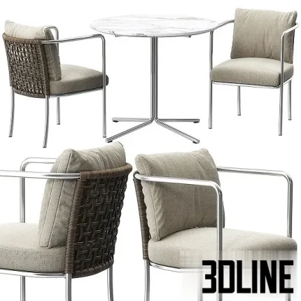 Detailed 3D model set of the Living Divani Mini Cafe chairs and Jelly table, featuring metal-frame chairs with rattan woven backs, fabric cushions, and a round marble-top bistro table.