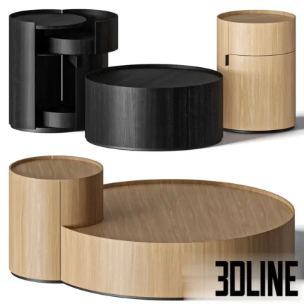 3D model set of Living Divani Moon coffee and side tables designed by Mist-o, featuring cylindrical drum shapes in light oak and black wood, with unique opening compartments for storage.