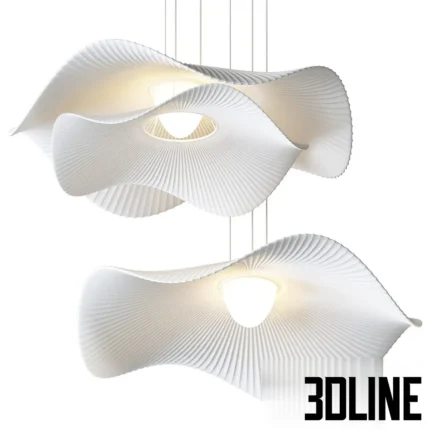 3D model of the Lotus Leaf pendant light, featuring a large, wavy, organic shade with a ribbed/pleated texture in white, mimicking a floating flower or leaf.