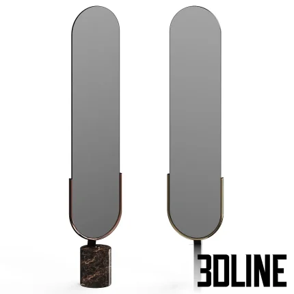 Detailed 3D model of the Luigi Volpi Tilde floor mirror, featuring a tall, arched reflective surface supported by a cylindrical dark marble base and a half-frame brass accent.