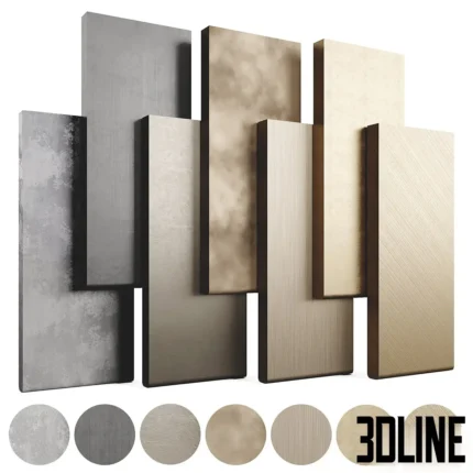 3D render visualization of the LuxLucia Casa metal material collection, displaying 7 distinct finishes including brushed gold, silver, champagne, and antique bronze on flat panels and spheres.