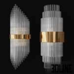 3D model set of luxury Art Deco wall sconces featuring vertical crystal glass rods held by a central gold metal band, available in asymmetrical and symmetrical tiered designs.