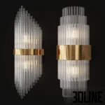 3D model set of luxury Art Deco wall sconces featuring vertical crystal glass rods held by a central gold metal band, available in asymmetrical and symmetrical tiered designs.