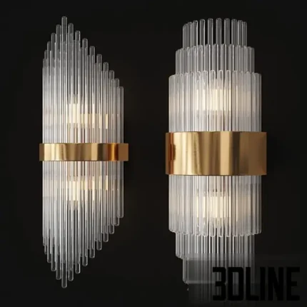 3D model set of luxury Art Deco wall sconces featuring vertical crystal glass rods held by a central gold metal band, available in asymmetrical and symmetrical tiered designs.