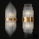 3D model set of luxury Art Deco wall sconces featuring vertical crystal glass rods held by a central gold metal band, available in asymmetrical and symmetrical tiered designs.