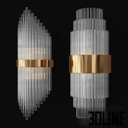 3D model set of luxury Art Deco wall sconces featuring vertical crystal glass rods held by a central gold metal band, available in asymmetrical and symmetrical tiered designs.