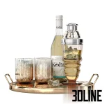 3D model of a luxury bar serving set on a gold round tray, featuring a Koha Pinot Gris wine bottle, an ornate silver/crystal cocktail shaker, and textured glasses with realistic ice.