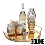 3D model of a luxury bar serving set on a gold round tray, featuring a Koha Pinot Gris wine bottle, an ornate silver/crystal cocktail shaker, and textured glasses with realistic ice.