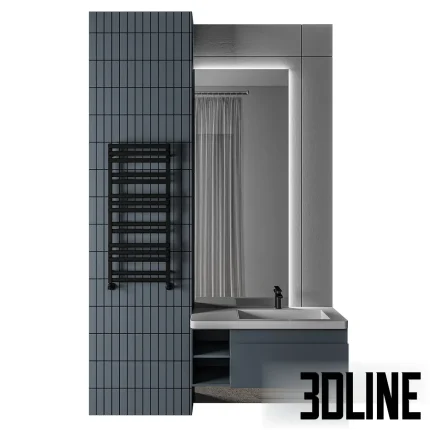 3D model of a luxury bathroom set, featuring a blue-grey vanity cabinet, a large mirrored cabinet with integrated LED lighting, a sleek rectangular sink, and a black matte heated towel rail mounted on dark blue subway-style tiles.