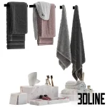 3D model set of luxury bathroom accessories including hanging and folded towels in grey and dusty pink, accompanied by white marble soap dispensers, a tray, and a reed diffuser.