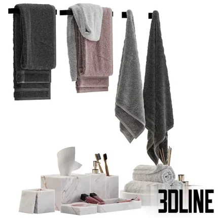 3D model set of luxury bathroom accessories including hanging and folded towels in grey and dusty pink, accompanied by white marble soap dispensers, a tray, and a reed diffuser.
