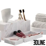 3D model set of luxury bathroom accessories including hanging and folded towels in grey and dusty pink, accompanied by white marble soap dispensers, a tray, and a reed diffuser.