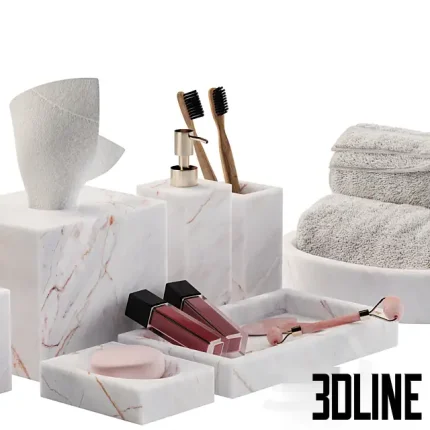 3D model set of luxury bathroom accessories including hanging and folded towels in grey and dusty pink, accompanied by white marble soap dispensers, a tray, and a reed diffuser.
